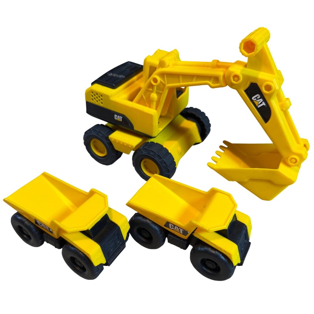 CAT Construction Toy Lot Excavator and 2 Dump Trucks Yellow Black Funrise